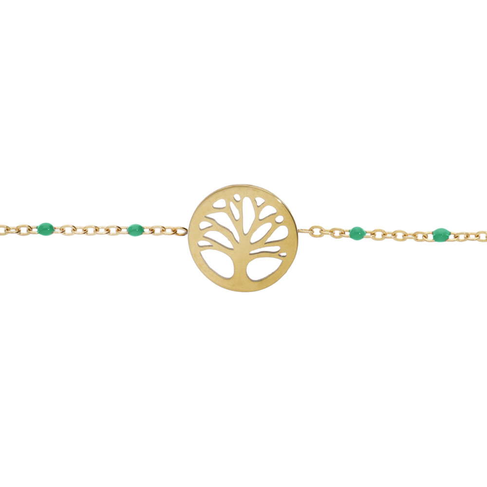 Bracelet en acier et PVD jaune cha�ne avec olives couleur vert et pastille arbre de vie 16+3cm - Vue 1