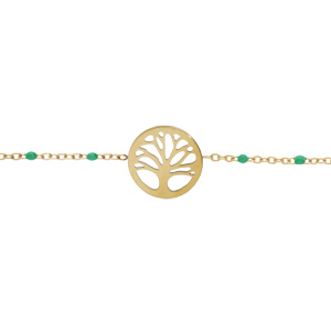 Bracelet en acier et PVD jaune chane avec olives couleur vert et pastille arbre de vie 16+3cm - Vue 1