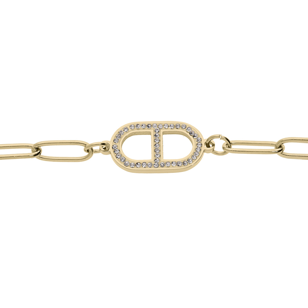 Bracelet en acier et PVD jaune cha�ne mailles rectangulaires avec gorsse maille marine au centre et oxydes blancs sertis 16+3cm - Vue 1