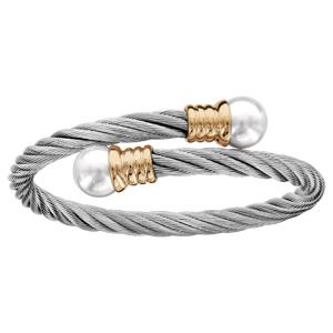 Bracelet en acier et PVD jaune ouvert câble tressé avec perle blanche de synthèse à chaque extrémité - Vue 1