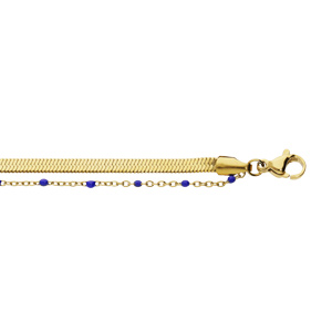 Bracelet en acier et PVD jaune 2 rangs maille plate et chanette avec olives bleu fonc 15+3cm - Vue 1