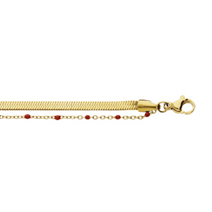 Bracelet en acier et PVD jaune 2 rangs maille plate et chanette avec olives rouge 15+3cm - Vue 1
