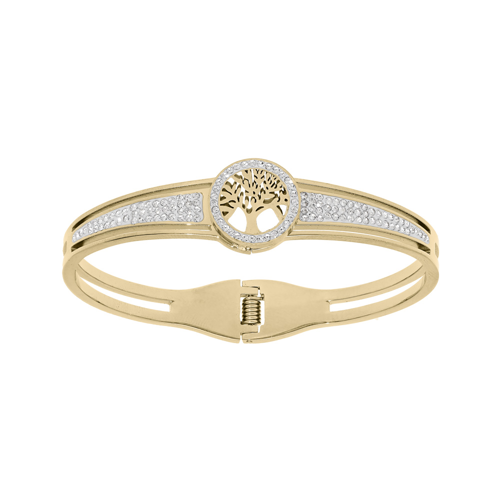 Bracelet en acier et PVD jaune rigide articul� arbre de vie et strass - Vue 1