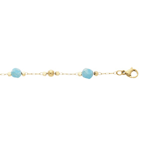 Bracelet en acier et PVD jaunechane avec boule facete couleur turquoise et petites boules lisses 16+3cm - Vue 1