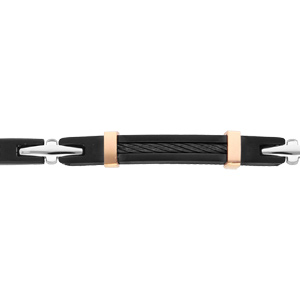 Bracelet en acier et PVD noir avec plaque et cble noir 21,5cm rglable - Vue 1