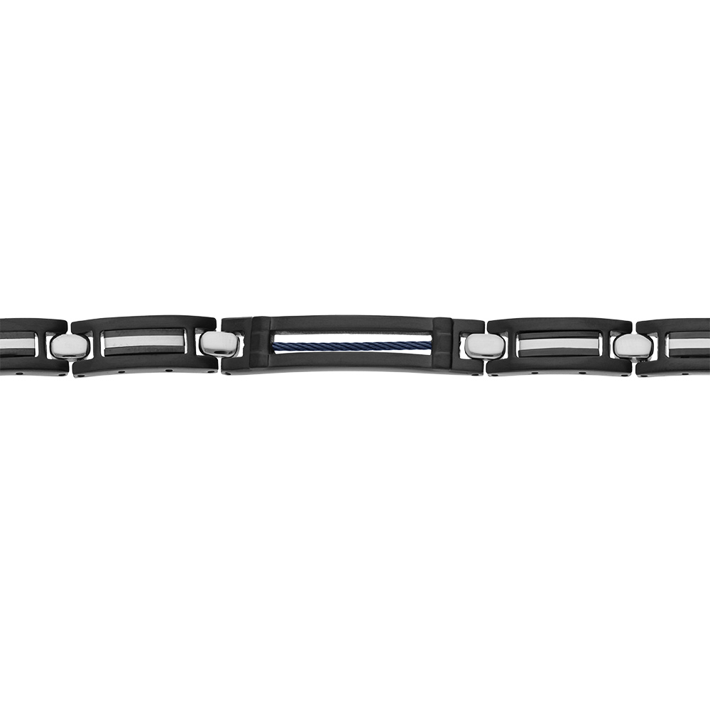 Bracelet en acier et PVD noir c�ble bleu au centre 18+3cm r�glable triple fermoir - Vue 1