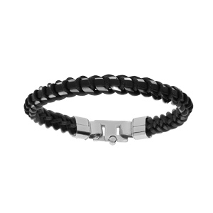 Bracelet en acier et PVD noir maille gourmette 8mm et cuir noir 21cm - Vue 1