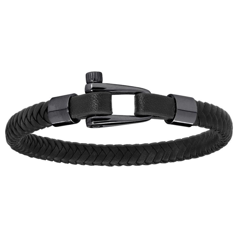 Bracelet en acier et PVD noir mat cuir noir tress� - fermoir viss� 20cm - Vue 1