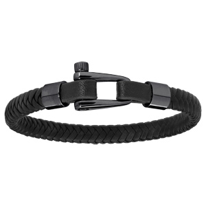 Bracelet en acier et PVD noir mat cuir noir tress - fermoir viss 20cm - Vue 1