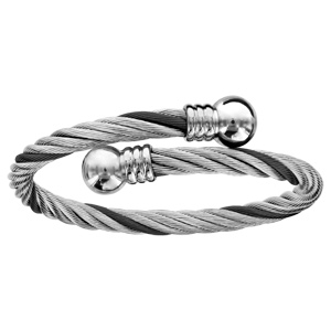 Bracelet en acier et PVD noir ouvert câble tressé avec perle blanche de  synthèse à chaque extrémité