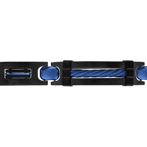 Bracelet en acier et PVD noir plaque et gros cble PVD bleu 21,5cm (rglable en 20,50 et 19 cm) triple fermoir - Vue 1