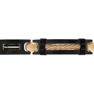 Bracelet en acier et PVD noir plaque et gros cble PVD jaune 21,5cm (rglable en 20,50 et 19 cm) triple fermoir - Vue 1