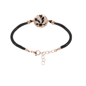 Bracelet en acier et PVD rose avec cordon noir pastille ronde motif vgtal blancs et noirs 16+3cm - Vue 1