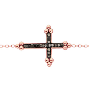 Bracelet en acier et PVD rose chane avec Croix noire et pierres noires 16+3cm - Vue 1