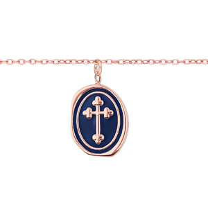 Bracelet en acier et PVd rose chane avec pampille Croix sur fond bleu nuit 16+3cm - Vue 1