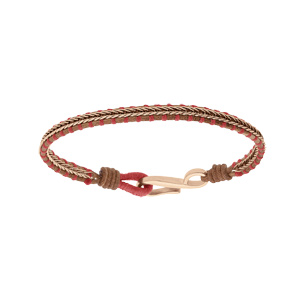 Bracelet en acier et PVD rose cuir marron véritable et cordon rouge 18cm - Vue 1