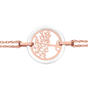Bracelet en acier et PVD rose double chane arbre de vie contour cramique blanche 16cm + 3cm - Vue 1