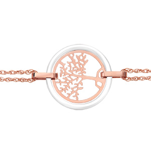 Bracelet en acier et PVD rose double chaîne arbre de vie contour céramique blanche 16cm + 3cm - Vue 1