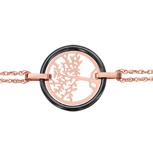 Bracelet en acier et PVD rose double chane arbre de vie contour cramique noire 16cm + 3cm - Vue 1