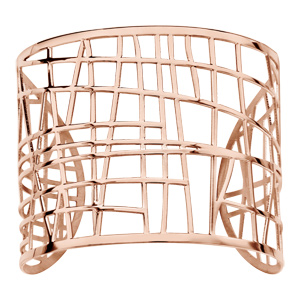 Bracelet en acier et PVD rose manchette géométrique lisse quadrillage asymétrique ajouré - Vue 1