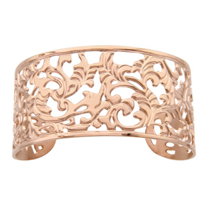 Bracelet en acier et PVD rose manchette motif floral branches et feuilles enroulées ajourées - Vue 1