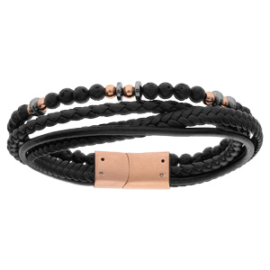 Bracelet en acier et PVD rose multi fils cuir bovin noir et boules pierre de lave 20,5cm - Vue 1