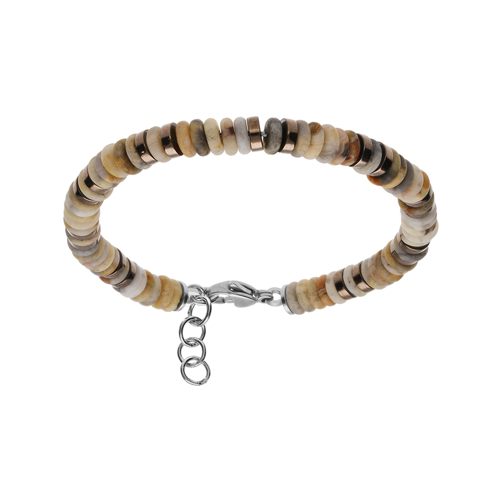 Bracelet en acier et rondelles agate teint�e v�ritable et rondelles h�matites dor�es - 20+2.5cm - Vue 1