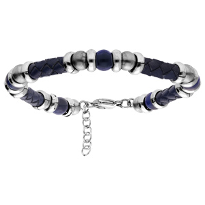Bracelet en acier et simili cuir bleu et boules Agate bleu 19+3cm - Vue 1