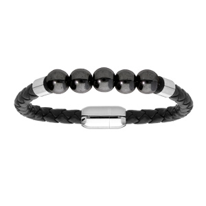 Bracelet en acier et simili cuir noir avec perles Hematite véritable et fermoir aimanté 21,5cm - Vue 1