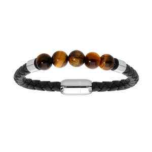 Bracelet en acier et simili cuir noir avec perles Oeil de Tigre vritable et fermoir aimant 21,5cm - Vue 1