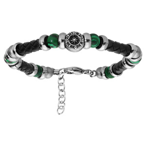 Bracelet en acier et simili cuir noir motif boussole et boules Oeil de Tigre vert 18+3cm - Vue 1