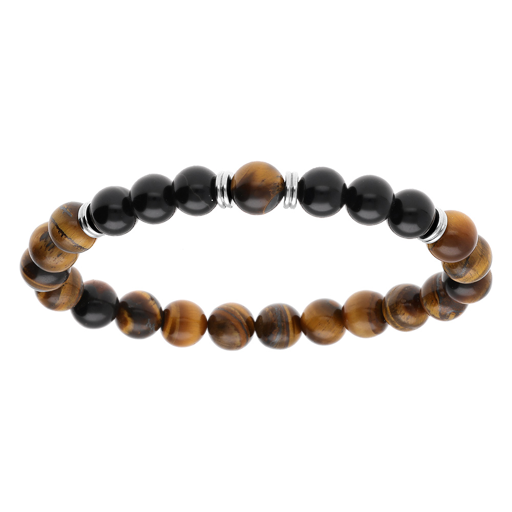 Bracelet en acier extensible boules agate noire et oeil de tigre marron - Vue 1