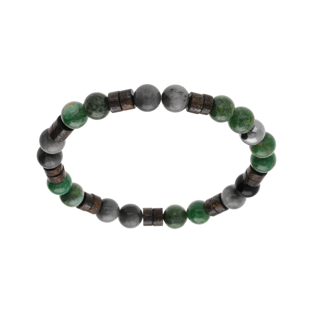Bracelet en acier extensible boules agate vertes v�ritable et pa�sine - Vue 1