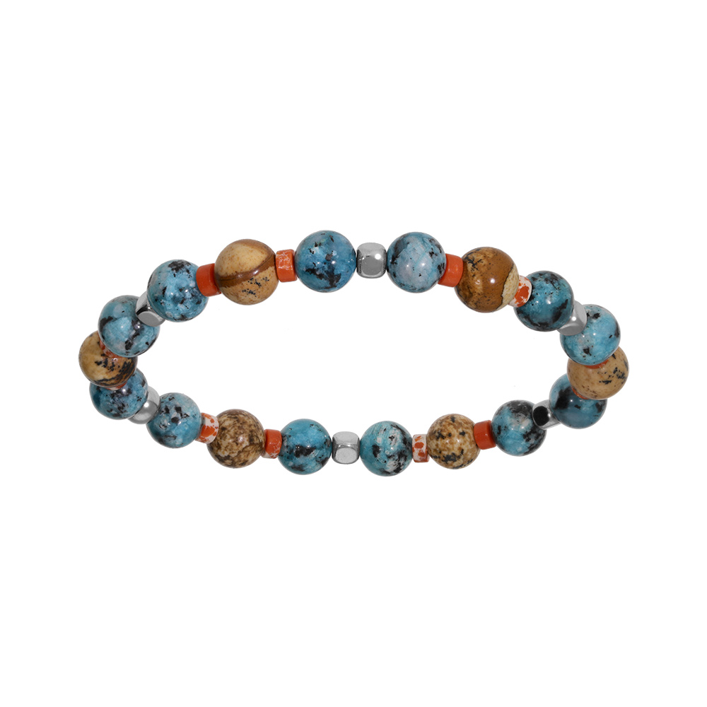 Bracelet en acier extensible boules howlite bleu et paesine v�ritable et cube h�matite - Vue 1