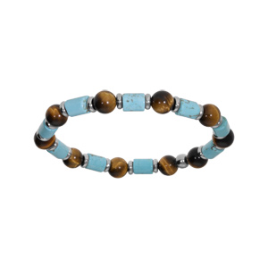 Bracelet en acier extensible boules imitation oeil de tigre et howlite bleu v�ritable