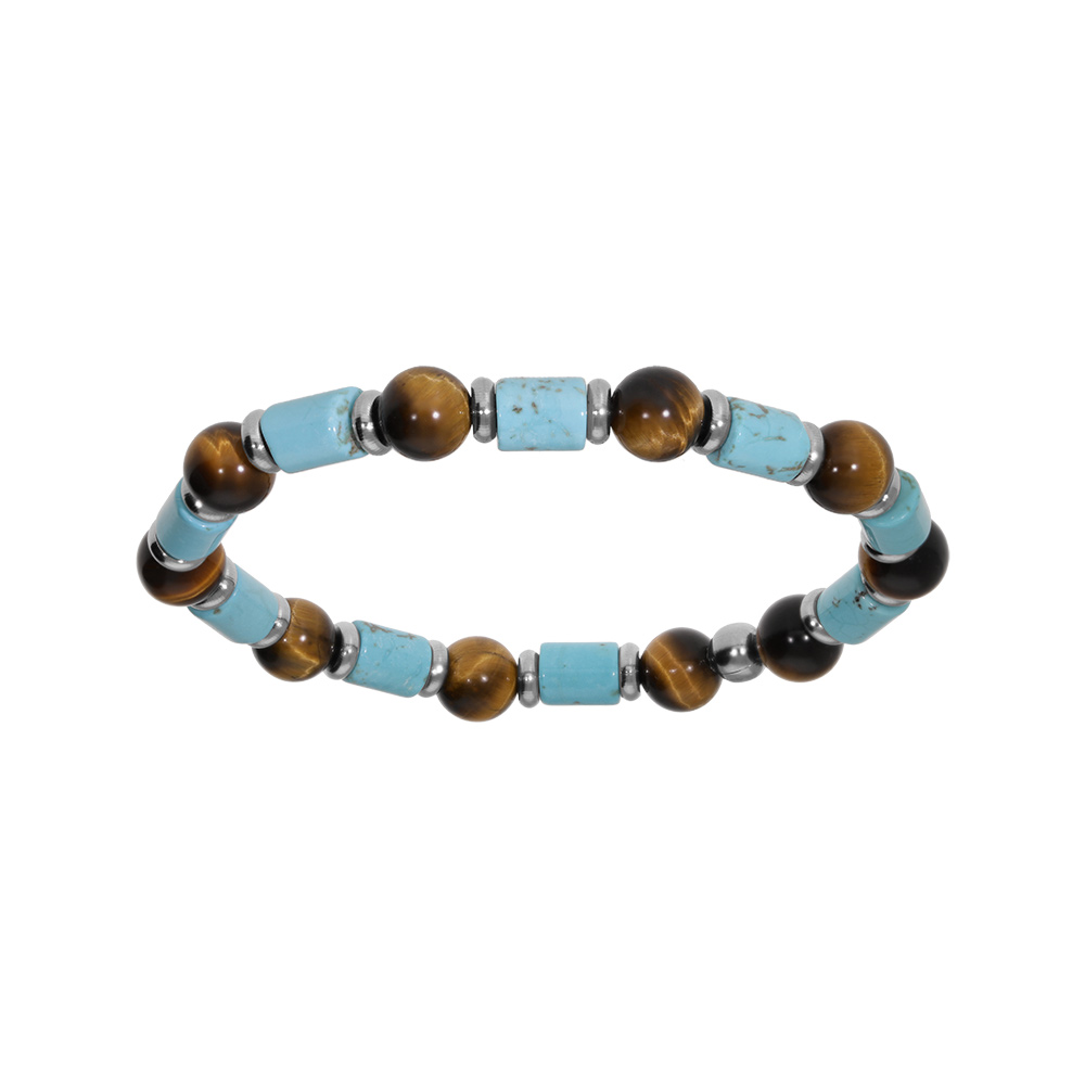 Bracelet en acier extensible boules oeil de tigre et howlite bleu v�ritable - Vue 1