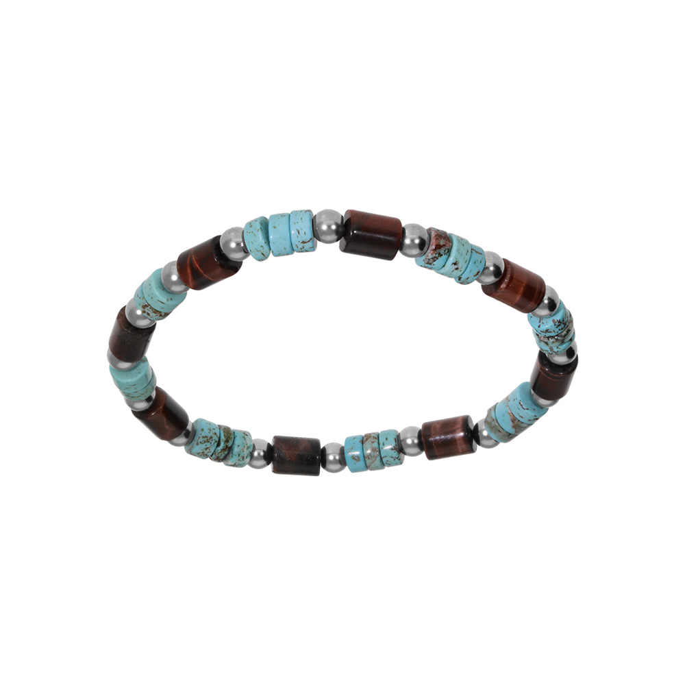 Bracelet en acier extensible boules oeil de tigre et howlite v�ritable - Vue 1