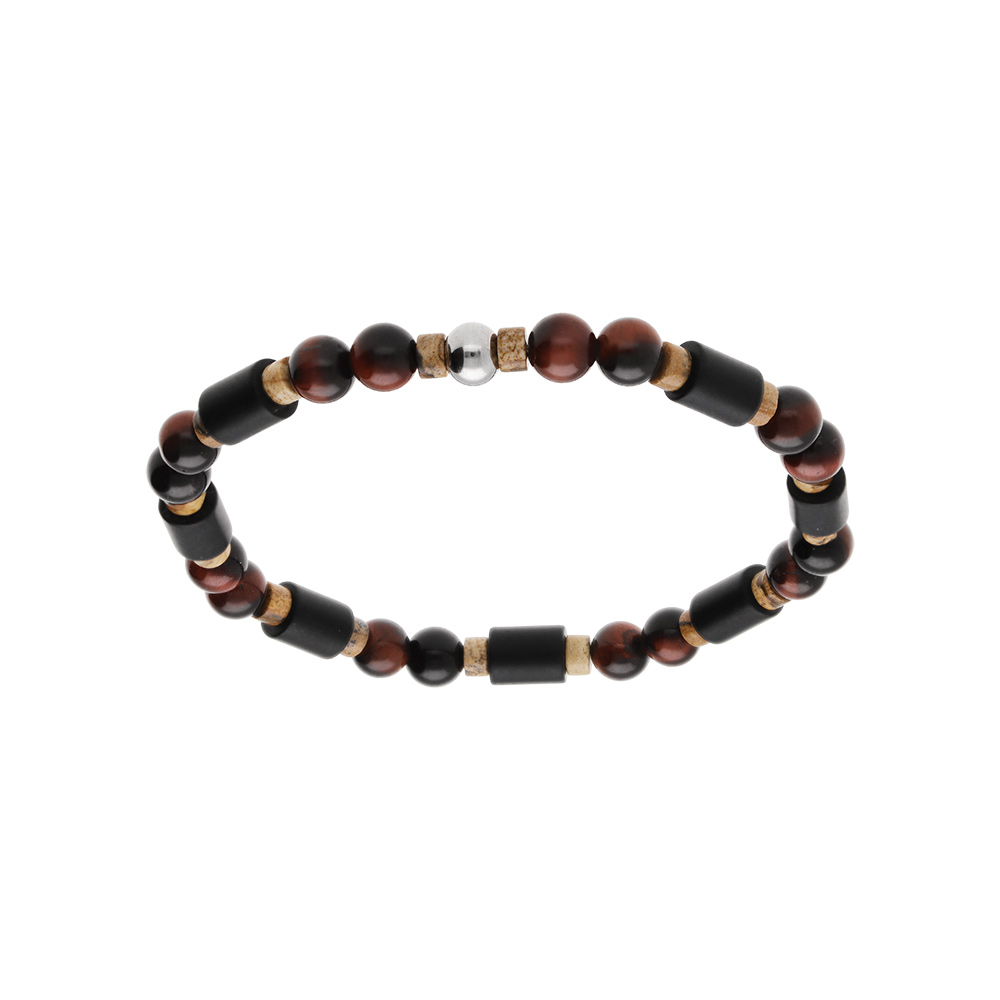 Bracelet en acier extensible boules oeil de tigre marron et paesine v�ritable - Vue 1