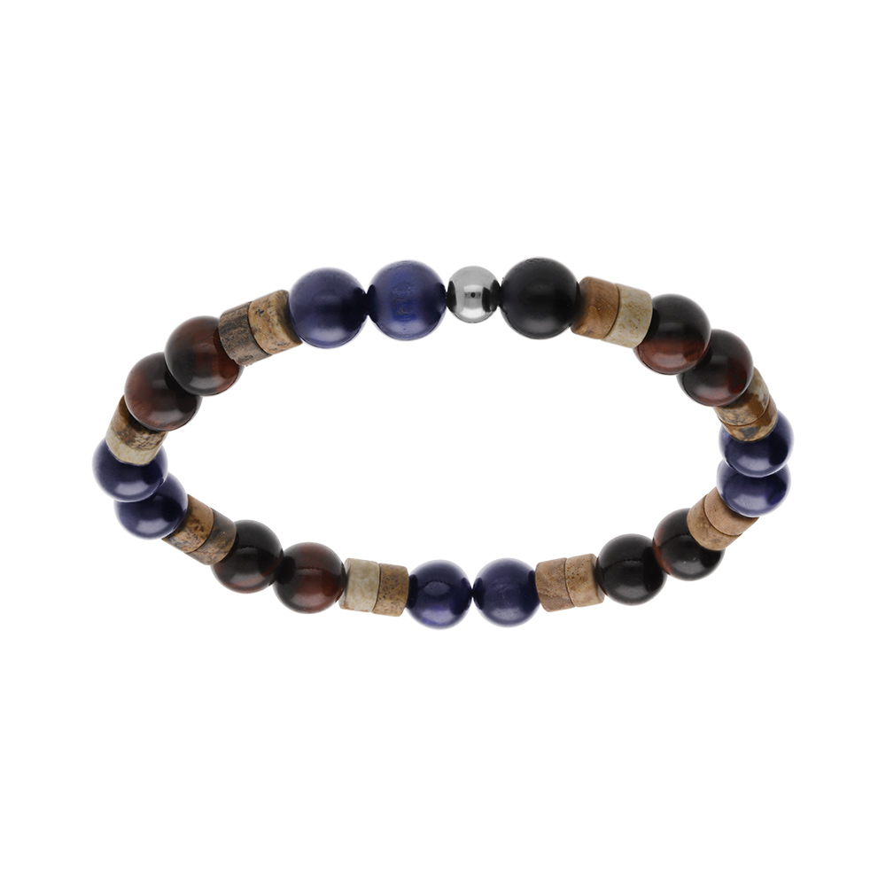 Bracelet en acier extensible boules oeil de tigre v�ritable et pa�sine - Vue 1