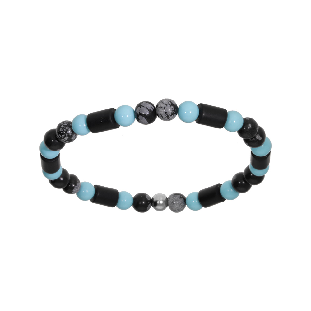 Bracelet en acier extensible boules onyx v�ritable et boules turquoise imitation - Vue 1