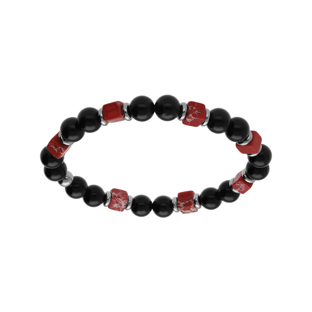 Bracelet en acier extensible boules onyx v�ritable et howlite rose - Vue 1