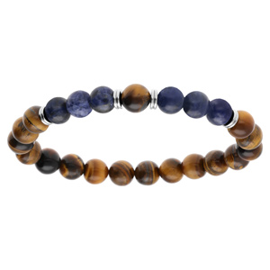 Bracelet en acier extensible boules sodalite bleu et oeil de tigre marron - Vue 1