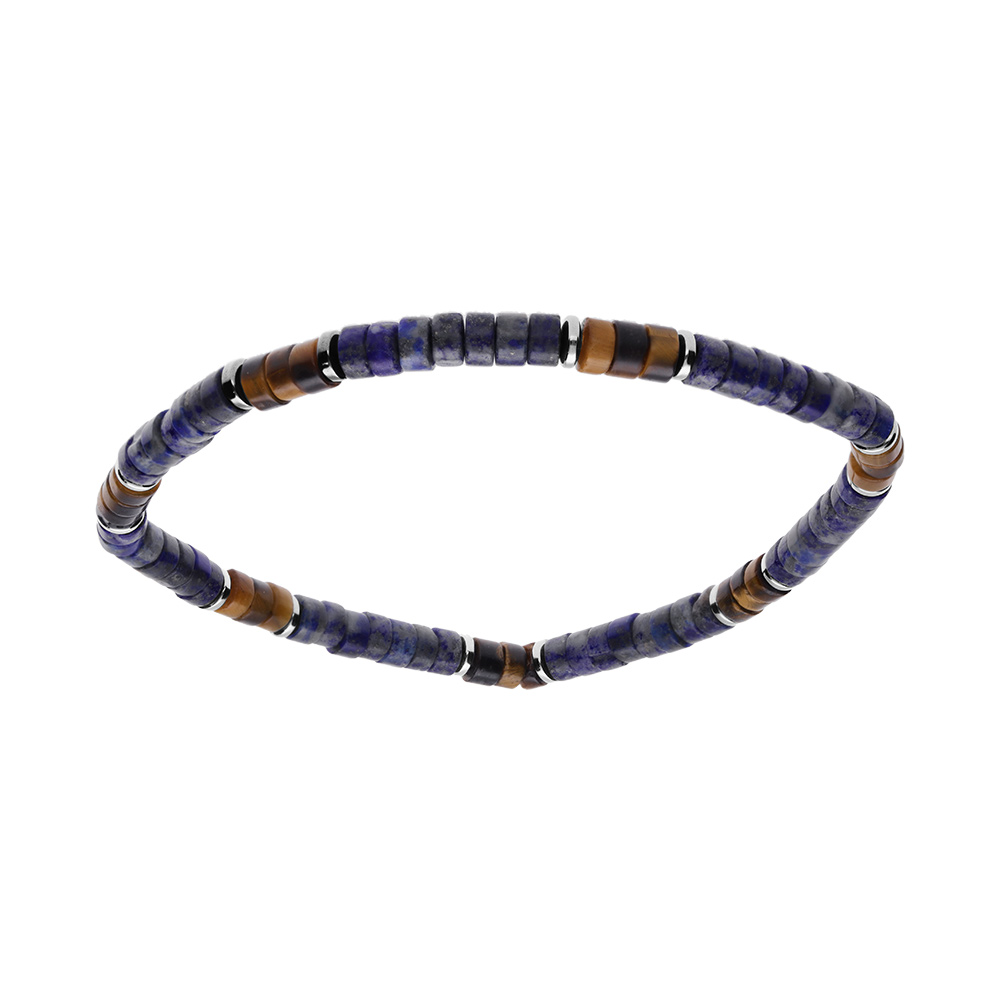 Bracelet en acier extensible oeil de tigre, h�matite et sodalite v�ritable - Vue 1