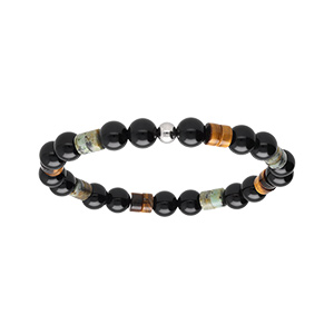 Bracelet en acier extensible onyx et boules imitation oeil de tigre et howlite vert v�ritable