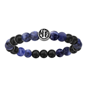 Bracelet en acier  extensible perles bois noir et quartz bleu motif ancre marine - Vue 1