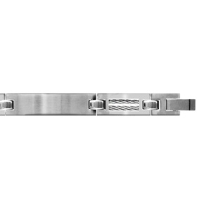 Bracelet en acier finition satinée 3 longs maillons lisses alternés de maillons plus petits et ornés de 2 câbles gris - longueur 18,5cm + 1cm réglable par double fermoir - Vue 1