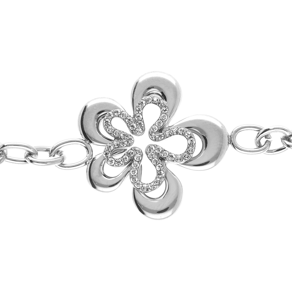 Bracelet en acier fleur avec oxydes blancs - 17+3cm - Vue 1