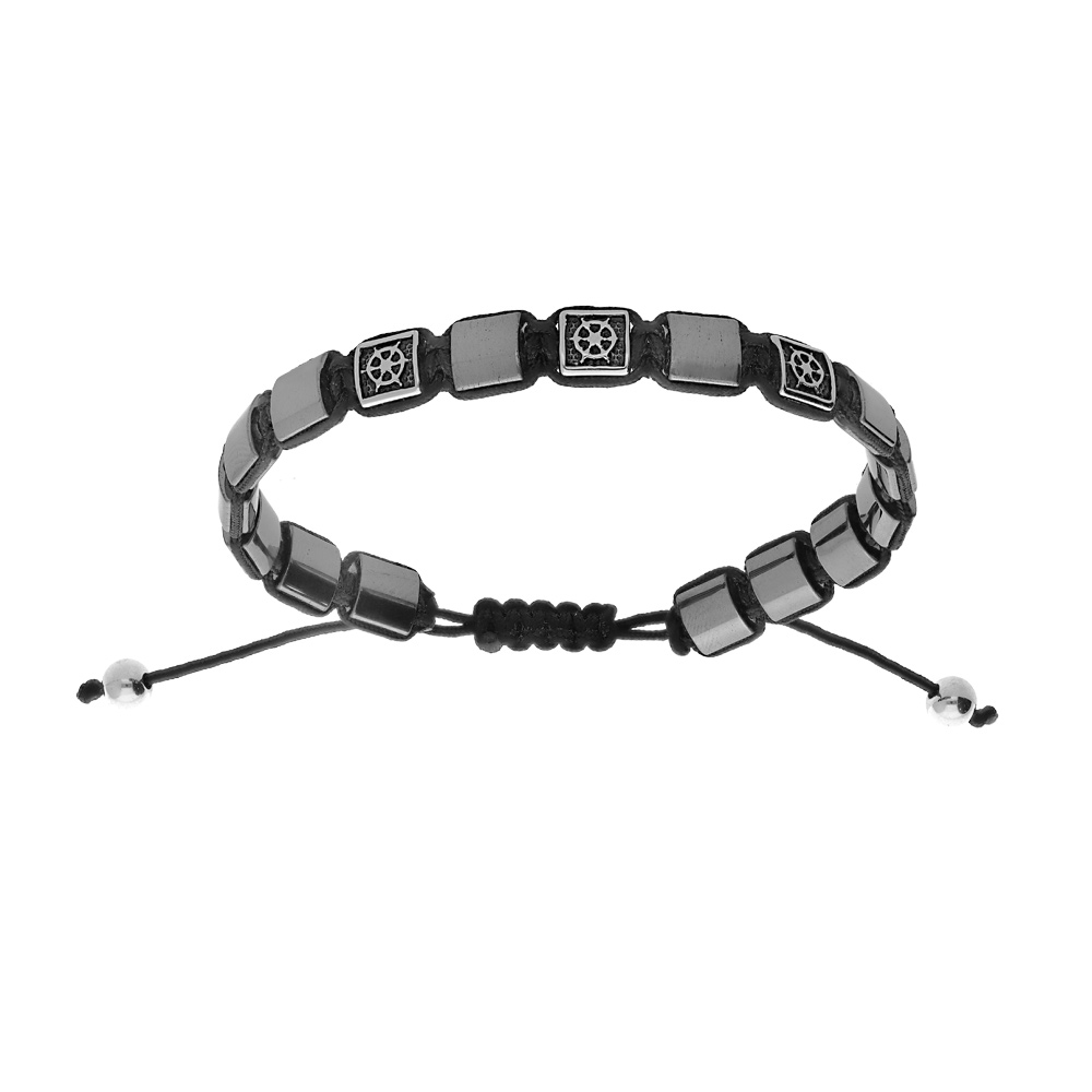 Bracelet en acier H�matite v�ritable motifs barre de bateau cordon noir coulissant - Vue 1