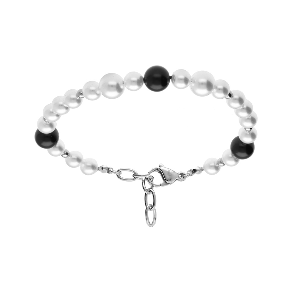 Bracelet en acier lewis elastique perles imitation blanches et noires - 18+3cm - Vue 1