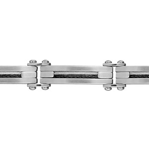 Bracelet en acier maillons ornés d\'1 câble gris et 1 câble noir au centre - longueur 21,5cm ajustable - Vue 1